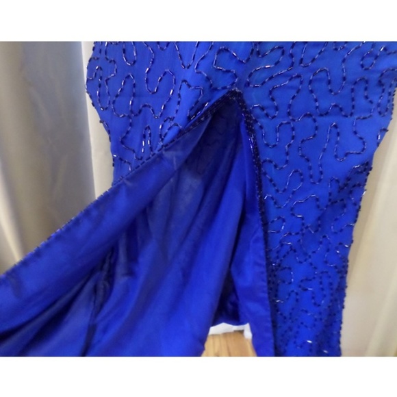 Vintage Long Blue Silk Gown Gold Beads Large Kazar - Picture 5 of 8